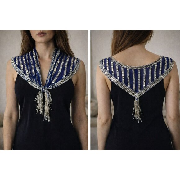 Unknown Accessories - Blue Mesh Silver Sequin Glass Beaded Triangle Shawl Wrap Fringe 23"